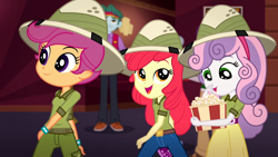 Size: 1920x1080 | Tagged: safe, screencap, character:apple bloom, character:scootaloo, character:sweetie belle, species:pegasus, species:pony, episode:the canterlot movie club, eqg summertime shorts, g4, my little pony:equestria girls, adorabloom, brim marco, cinema, cinema usher, clothing, cute, cutealoo, cutie mark crusaders, daring do costume, diasweetes, eating, female, food, hat, male, pith helmet, popcorn, trio, trio female