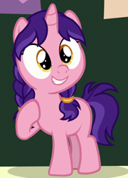 Size: 649x899 | Tagged: safe, screencap, species:pony, species:unicorn, episode:the ending of the end, g4, my little pony: friendship is magic, braid, candy grapes, cropped, female, filly, hoof on chest, ponytail, raspberry dazzle, smiling