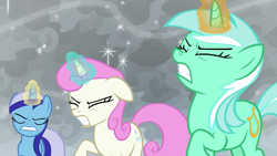 Size: 1920x1080 | Tagged: safe, screencap, character:lyra heartstrings, character:minuette, character:twinkleshine, species:pony, species:unicorn, episode:the ending of the end, g4, my little pony: friendship is magic, concentrating, eyes closed, female, glowing horn, grimace, gritted teeth, horn, magic, mare, raised hoof