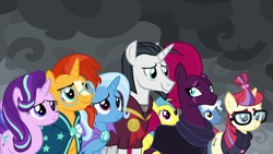 Size: 1920x1080 | Tagged: safe, screencap, character:chancellor neighsay, character:fizzlepop berrytwist, character:lemon hearts, character:moondancer, character:pokey pierce, character:starlight glimmer, character:sunburst, character:tempest shadow, character:trixie, species:pegasus, species:pony, species:unicorn, episode:the ending of the end, g4, my little pony: friendship is magic, broken horn, clothing, eye contact, eye scar, female, horn, looking at each other, male, mare, scar, scarf, shipping fuel, stallion