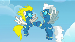 Size: 1920x1080 | Tagged: safe, screencap, character:silver lining, character:surprise, species:pegasus, species:pony, episode:the last problem, g4, my little pony: friendship is magic, clapping, clothing, cloud, female, flying, goggles, male, mare, out of context, spread wings, stallion, uniform, wings, wonderbolts, wonderbolts uniform