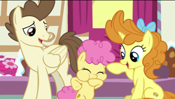 Size: 1920x1080 | Tagged: safe, screencap, character:li'l cheese, character:pound cake, character:pumpkin cake, species:earth pony, species:pegasus, species:pony, species:unicorn, episode:the last problem, g4, my little pony: friendship is magic, bipedal, bow, cake twins, colt, eyes closed, female, foal, hair bow, happy, male, mare, older, older cake twins, older pound cake, older pumpkin cake, puffy cheeks, raspberry, siblings, smiling, stallion, sugarcube corner, tongue out, twins