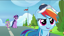 Size: 1920x1080 | Tagged: safe, screencap, character:rainbow dash, character:spike, character:twilight sparkle, character:twilight sparkle (alicorn), species:alicorn, species:dragon, species:pegasus, species:pony, episode:the last problem, g4, my little pony: friendship is magic, cap, clothing, concerned, confident, confused, flag, happy, hat, light, rainbow dashs coaching whistle, runway, runway lights, smiling, tree, uniform, winged spike, wonderbolts uniform