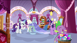 Size: 1920x1080 | Tagged: safe, screencap, character:rarity, character:spike, character:twilight sparkle, character:twilight sparkle (alicorn), species:alicorn, species:dragon, species:pony, species:unicorn, episode:the last problem, g4, my little pony: friendship is magic, clothing, dress, gem, horn, hungry, magic, magic aura, magic glow, mannequin, measuring tape, winged spike