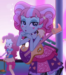 Size: 746x845 | Tagged: safe, screencap, character:kiwi lollipop, character:pinkie pie, equestria girls:sunset's backstage pass, g4, my little pony:equestria girls, choker, clothing, cropped, cute, drums, electric guitar, female, guitar, k-lo, kiwi lollipop, lidded eyes, looking at you, musical instrument, skirt, stage, true original (song)