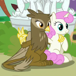 Size: 367x367 | Tagged: safe, screencap, character:twinkleshine, species:griffon, species:pony, species:unicorn, episode:the last problem, g4, my little pony: friendship is magic, background griffon, background pony, cropped, duo, female, geneva, mare, older, peace sign, pose, statue