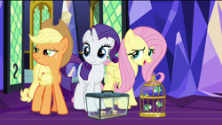Size: 1920x1080 | Tagged: safe, screencap, character:applejack, character:fluttershy, character:rarity, species:bird, species:earth pony, species:pegasus, species:pony, species:unicorn, episode:the last problem, g4, my little pony: friendship is magic, bird cage, cage, female, hummingbird, mare, sewing machine, smiling, spider, star spider