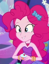 Size: 504x654 | Tagged: safe, screencap, character:pinkie pie, episode:twilight under the stars, g4, my little pony:equestria girls, bare shoulders, cropped, cupcake, cute, diapinkes, food, sleeveless, solo, strapless