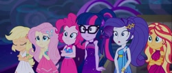Size: 1366x578 | Tagged: safe, screencap, character:applejack, character:fluttershy, character:pinkie pie, character:rarity, character:sunset shimmer, character:twilight sparkle, character:twilight sparkle (scitwi), species:eqg human, equestria girls:spring breakdown, g4, my little pony:equestria girls, armlet, bare shoulders, braces, crossed arms, cruise outfit, magical geodes, mixed reactions, pinkie pie is not amused, raised eyebrows, scrunchy face, seasickness, shoulderless, sleeveless, unamused