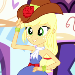 Size: 1080x1080 | Tagged: safe, screencap, character:applejack, episode:make up shake up, eqg summertime shorts, g4, my little pony:equestria girls, bare shoulders, clothing, cropped, dress, fall formal outfits, female, sleeveless, solo, strapless