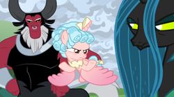 Size: 852x476 | Tagged: safe, screencap, character:cozy glow, character:lord tirek, character:queen chrysalis, species:alicorn, species:centaur, species:changeling, species:pony, episode:the ending of the end, g4, my little pony: friendship is magic, alicornified, annoyed, bow, changeling queen, cozycorn, female, filly, flying, former queen chrysalis, hair bow, legion of doom, looking at someone, male, nose piercing, nose ring, piercing, race swap, smiling, trio, ultimate chrysalis