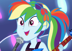 Size: 1511x1080 | Tagged: safe, screencap, character:rainbow dash, equestria girls:spring breakdown, g4, my little pony:equestria girls, all good (song), cropped, electric guitar, female, guitar, microphone, musical instrument, singing, sleeveless, smiling, solo