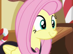Size: 1013x751 | Tagged: safe, screencap, character:fluttershy, species:pegasus, species:pony, episode:scare master, g4, my little pony: friendship is magic, cropped, cute, female, mare, shyabetes, smiling, solo, sugarcube corner