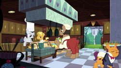 Size: 1920x1080 | Tagged: safe, screencap, character:gourmand ramsay, character:port wine, character:rumble, species:earth pony, species:pegasus, species:pony, species:unicorn, episode:the last problem, g4, my little pony: friendship is magic, background pony, balancing, canterlot, chef, chef outfit, chef's hat, clothing, colt, continuity, cook, frying pan, gordon ramsay, hat, hors d'oeuvre, kitchen, male, pot, puff pastry, stallion, suspenders, tuxedo, waiter