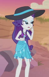 Size: 635x1004 | Tagged: safe, screencap, character:rarity, my little pony:equestria girls, aww... baby turtles, beach, beach babe, bikini, bikini top, clothing, cropped, female, geode of shielding, hat, legs, magical geodes, midriff, outdoors, sarong, solo, sun hat, swimsuit