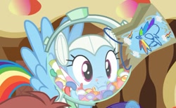 Size: 537x331 | Tagged: safe, screencap, character:rainbow dash, species:pegasus, species:pony, episode:scare master, g4, my little pony: friendship is magic, :i, astrodash, astronaut, candy, clothing, costume, cropped, cute, dashabetes, eating, food, nightmare night costume, solo, sugarcube corner
