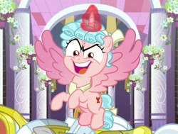 Size: 876x663 | Tagged: safe, screencap, character:cozy glow, species:alicorn, species:pony, episode:the ending of the end, g4, my little pony: friendship is magic, alicornified, cozy glow is best facemaker, cozycorn, cropped, faec, female, filly, looking at you, open mouth, pure concentrated unfiltered evil of the utmost potency, pure unfiltered evil, race swap, royal guard, solo focus, spread wings, wings