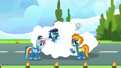 Size: 1920x1080 | Tagged: safe, screencap, character:rainbow dash, character:soarin', character:spitfire, species:pony, episode:the last problem, g4, my little pony: friendship is magic, clothing, cloud, uniform, wonderbolts uniform