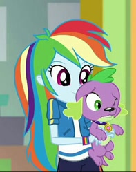 Size: 326x414 | Tagged: safe, screencap, character:rainbow dash, character:spike, character:spike (dog), species:dog, episode:a fine line, g4, my little pony:equestria girls, cropped, duo, female, hug, male