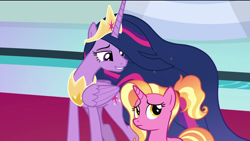Size: 1920x1080 | Tagged: safe, screencap, character:luster dawn, character:twilight sparkle, character:twilight sparkle (alicorn), species:alicorn, species:pony, species:unicorn, episode:the last problem, g4, my little pony: friendship is magic, confused, crown, duo, ethereal mane, female, folded wings, happy, jewelry, mare, older, older twilight, peytral, princess twilight 2.0, regalia, smiling, teacher and student, throne room, wings