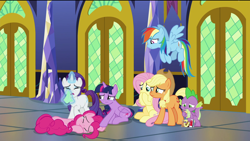 Size: 1920x1080 | Tagged: safe, screencap, character:applejack, character:fluttershy, character:pinkie pie, character:rainbow dash, character:rarity, character:spike, character:twilight sparkle, character:twilight sparkle (alicorn), species:alicorn, species:dragon, species:earth pony, species:pegasus, species:pony, species:unicorn, episode:the last problem, g4, my little pony: friendship is magic, crying, eyes closed, female, flying, glowing horn, handkerchief, horn, levitation, magic, magic aura, magic glow, male, mane seven, mane six, mare, sad, telekinesis, winged spike, wiping, wiping tears