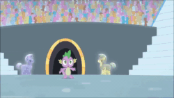 Size: 1280x720 | Tagged: safe, screencap, character:ms. harshwhinny, character:spike, species:crystal pony, species:dragon, species:earth pony, species:pony, episode:equestria games, g4, my little pony: friendship is magic, animated, armor, background pony audience, crystal guard, crystal guard armor, dolly zoom, female, male, mare, mr. the dragon, panic attack, scared, sound, stadium, stallion, sweat, webm