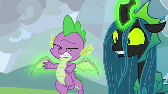 Size: 640x360 | Tagged: safe, screencap, character:queen chrysalis, character:spike, species:changeling, species:dragon, episode:the ending of the end, g4, my little pony: friendship is magic, abuse, animated, changeling queen, claws, duo, evil grin, eyes closed, fangs, feet, female, former queen chrysalis, gif, glowing horn, grin, horn, hostage, male, male feet, moral event horizon, pain, poor spike, sadism, slasher smile, smiling, smirk, spikeabuse, spread toes, torture, ultimate chrysalis, wing pull, winged spike, wings, you know for kids