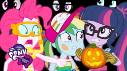 Size: 1280x720 | Tagged: safe, screencap, character:pinkie pie, character:rainbow dash, character:sunset shimmer, character:twilight sparkle, character:twilight sparkle (scitwi), species:eqg human, episode:my little shop of horrors, episode:unsolved selfie mysteries, equestria girls:spring breakdown, g4, my little pony:equestria girls, equestria girls logo, halloween, holiday, jack-o-lantern, poor quality, pumpkin, youtube, youtube thumbnail