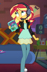 Size: 707x1079 | Tagged: safe, screencap, character:sunset shimmer, episode:game stream, g4, my little pony:equestria girls, clothing, converse, couch, cropped, cute, female, gamer sunset, headset, jacket, pantyhose, shimmerbetes, shoes, smiling, speaker, sunset gamer, sunset's apartment, video game