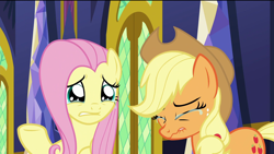 Size: 1920x1080 | Tagged: safe, screencap, character:applejack, character:fluttershy, species:earth pony, species:pegasus, species:pony, episode:the last problem, g4, my little pony: friendship is magic, crying, cute, female, lip bite, mare, sad, sadorable, teary eyes