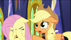 Size: 1920x1080 | Tagged: safe, screencap, character:applejack, character:fluttershy, species:pony, episode:the last problem, g4, my little pony: friendship is magic, covering eyes, crying, cute, open mouth, sad, sadorable, teary eyes