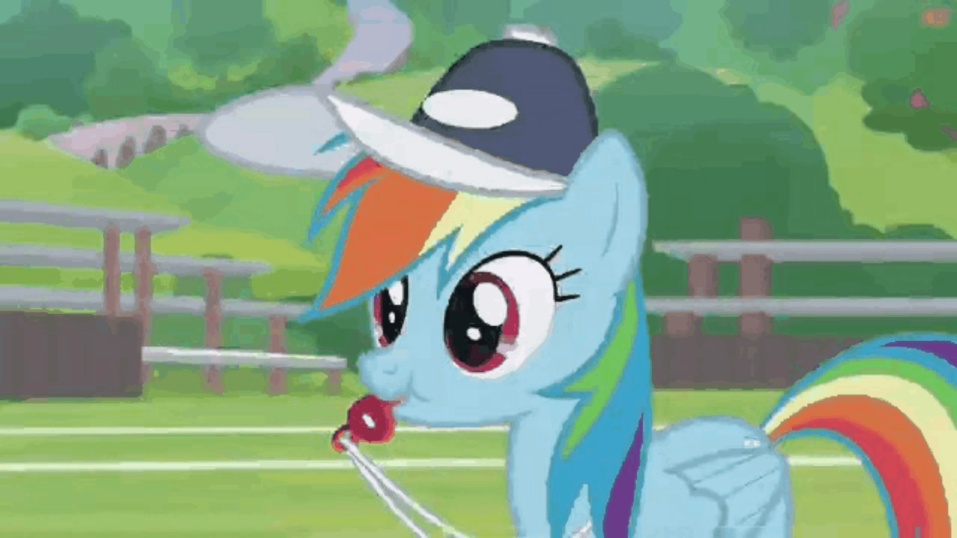 Size: 1920x1080 | Tagged: safe, screencap, character:rainbow dash, species:pony, episode:2-4-6 greaaat, animated, blowing whistle, clothing, coach rainbow dash, female, floating object, hat, mare, mouth hold, rainblow dash, rainbow dashs coaching whistle, solo, that pony sure does love whistles, whistle, whistle necklace