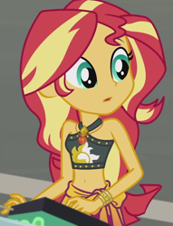 Size: 825x1080 | Tagged: safe, screencap, character:sunset shimmer, episode:x marks the spot, g4, my little pony:equestria girls, belly button, bikini, bracelet, clothing, cropped, cute, female, geode of empathy, jewelry, magical geodes, midriff, sarong, shimmerbetes, sleeveless, solo, swimsuit