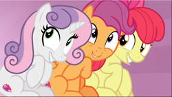 Size: 1668x942 | Tagged: safe, screencap, character:apple bloom, character:scootaloo, character:sweetie belle, species:earth pony, species:pegasus, species:pony, species:unicorn, episode:growing up is hard to do, g4, my little pony: friendship is magic, adorabloom, being big is all it takes, cropped, cute, cutealoo, cutie mark, cutie mark crusaders, diasweetes, excited, female, mare, older, older apple bloom, older cmc, older scootaloo, older sweetie belle, sitting, smiling, the cmc's cutie marks, trio