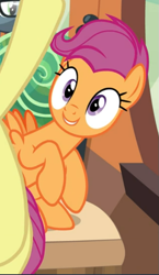 Size: 413x710 | Tagged: safe, screencap, character:apple bloom, character:scootaloo, species:earth pony, species:pegasus, species:pony, episode:growing up is hard to do, g4, my little pony: friendship is magic, cropped, cute, cutealoo, female, friendship express, happy, mare, offscreen character, older, older scootaloo, sitting, solo focus