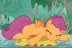 Size: 1033x689 | Tagged: safe, screencap, character:scootaloo, species:pegasus, species:pony, episode:growing up is hard to do, g4, my little pony: friendship is magic, bufogren, cropped, eyes closed, older, older scootaloo, solo, tripping