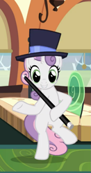 Size: 441x844 | Tagged: safe, screencap, character:sweetie belle, species:pony, species:unicorn, episode:growing up is hard to do, g4, my little pony: friendship is magic, being big is all it takes, bipedal, cane, clothing, cropped, cute, dancing, diasweetes, female, hat, holding, mare, older, older sweetie belle, raised hoof, smiling, solo, top hat, train, underhoof
