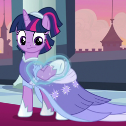Size: 700x700 | Tagged: safe, screencap, character:twilight sparkle, character:twilight sparkle (alicorn), species:alicorn, species:pony, episode:the last problem, g4, my little pony: friendship is magic, alternate hairstyle, clothing, cropped, cute, dress, female, implied rarity, magic, mare, second coronation dress, solo, telekinesis