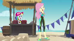 Size: 1000x563 | Tagged: safe, screencap, character:fluttershy, character:rainbow dash, episode:too hot to handle, g4, my little pony:equestria girls, clothing, swimsuit, wetsuit