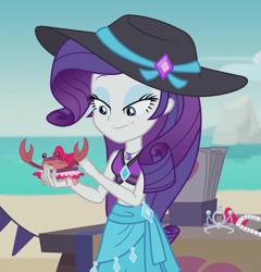 Size: 996x1037 | Tagged: safe, screencap, character:rarity, species:crab, episode:too hot to handle, g4, my little pony:equestria girls, beach, beach babe, bikini, bikini babe, bikini top, bow, brochure, clothing, cropped, cute, eyeshadow, female, geode of shielding, hat, jewelry, lidded eyes, magical geodes, makeup, midriff, necklace, pearl necklace, raribetes, sarong, smiling, solo, sun hat, swimsuit, tiara