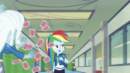 Size: 444x250 | Tagged: safe, screencap, character:rainbow dash, character:snails, character:snips, character:trixie, character:watermelody, episode:run to break free, g4, my little pony:equestria girls, animated, backpack, beautiful, clothing, cute, dashabetes, female, geode of super speed, gif, looking at you, magical geodes, male, open mouth, singing, slow motion, talking, walking, wristband