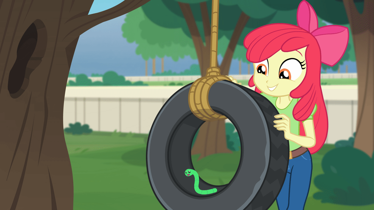 Size: 1280x720 | Tagged: safe, screencap, character:apple bloom, equestria girls:holidays unwrapped, g4, my little pony:equestria girls, animated, apple worm, colonel wigglesworth, cute, gif, happy, loop, outdoors, perfect loop, pet, playing, smiling, swing, the cider louse fools, tire, tire swing, worm