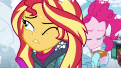Size: 1280x720 | Tagged: safe, screencap, character:apple bloom, character:bon bon, character:lyra heartstrings, character:photo finish, character:pinkie pie, character:snails, character:sunset shimmer, character:sweetie drops, character:trixie, character:winona, equestria girls:holidays unwrapped, g4, my little pony:equestria girls, animated, cute, saving pinkie's pie, saving private ryan, slow motion, snow, snowball fight, sound, war, webm, winonabetes, you know for kids