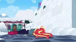 Size: 1920x1080 | Tagged: safe, screencap, character:sunset shimmer, equestria girls:holidays unwrapped, g4, my little pony:equestria girls, ass, butt, lying down, not what it looks like, out of context, snow, spoiler