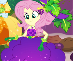 Size: 1283x1080 | Tagged: safe, screencap, character:fluttershy, character:rainbow dash, equestria girls:holidays unwrapped, g4, my little pony:equestria girls, bare shoulders, belt, clothing, cornucopia costumes, cropped, cute, female, food, geode of fauna, gloves, grapes, hairclip, hat, huggable, jewelry, leaf, looking down, magical geodes, necklace, o come all ye squashful, shyabetes, sleeveless, smiling