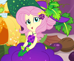 Size: 1320x1080 | Tagged: safe, screencap, character:fluttershy, character:rainbow dash, equestria girls:holidays unwrapped, g4, my little pony:equestria girls, bare shoulders, belt, clothing, cornucopia costumes, costume, cropped, cute, dress, female, food, geode of fauna, gloves, grapes, hairclip, hat, huggable, jewelry, leaf, looking at you, looking up at you, magical geodes, necklace, o come all ye squashful, shyabetes, sitting, sleeveless, smiling