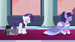 Size: 1920x1080 | Tagged: safe, screencap, character:rarity, character:twilight sparkle, character:twilight sparkle (alicorn), species:alicorn, species:pony, episode:the last problem, g4, my little pony: friendship is magic, second coronation dress, spider