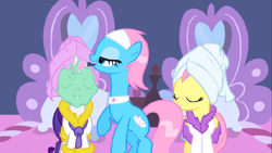 Size: 1136x640 | Tagged: safe, screencap, character:aloe, character:fluttershy, character:lotus blossom, character:rarity, species:earth pony, species:pegasus, species:pony, species:unicorn, episode:green isn't your color, g4, my little pony: friendship is magic, applying, bathrobe, clothing, eyes closed, female, lidded eyes, mare, mud mask, robe, smiling, spa, towel on head