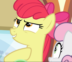 Size: 1094x939 | Tagged: safe, screencap, character:apple bloom, character:sweetie belle, species:earth pony, species:pony, species:unicorn, episode:growing up is hard to do, g4, my little pony: friendship is magic, bow, close-up, cropped, determined, female, hair bow, looking up, mare, older, older apple bloom, older sweetie belle, raised hoof, smiling, solo focus