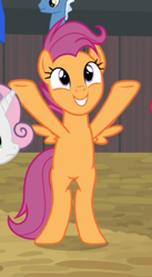 Size: 364x664 | Tagged: safe, screencap, character:pokey pierce, character:scootaloo, character:sweetie belle, species:pegasus, species:pony, species:unicorn, episode:growing up is hard to do, g4, my little pony: friendship is magic, bipedal, cropped, cute, cutealoo, female, mare, offscreen character, older, older scootaloo, older sweetie belle, small wings, smiling, solo focus, wings